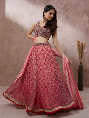 Red Organza Floral Printed Semi-Stitched Lehenga choli & Dupatta