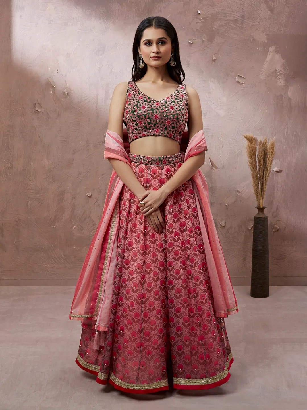 Red Organza Floral Printed Semi-Stitched Lehenga choli & Dupatta