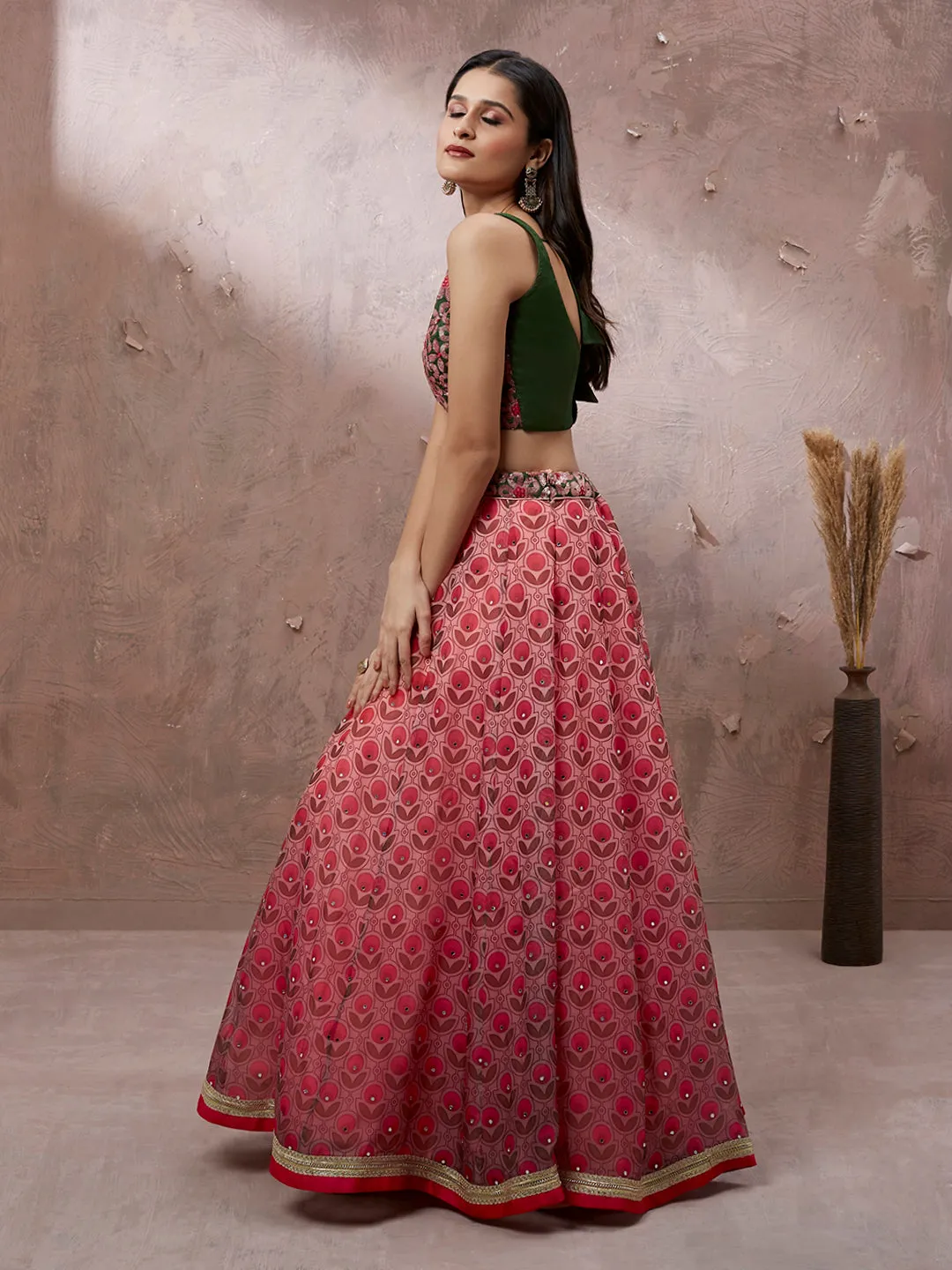 Red Organza Floral Printed Semi-Stitched Lehenga choli & Dupatta