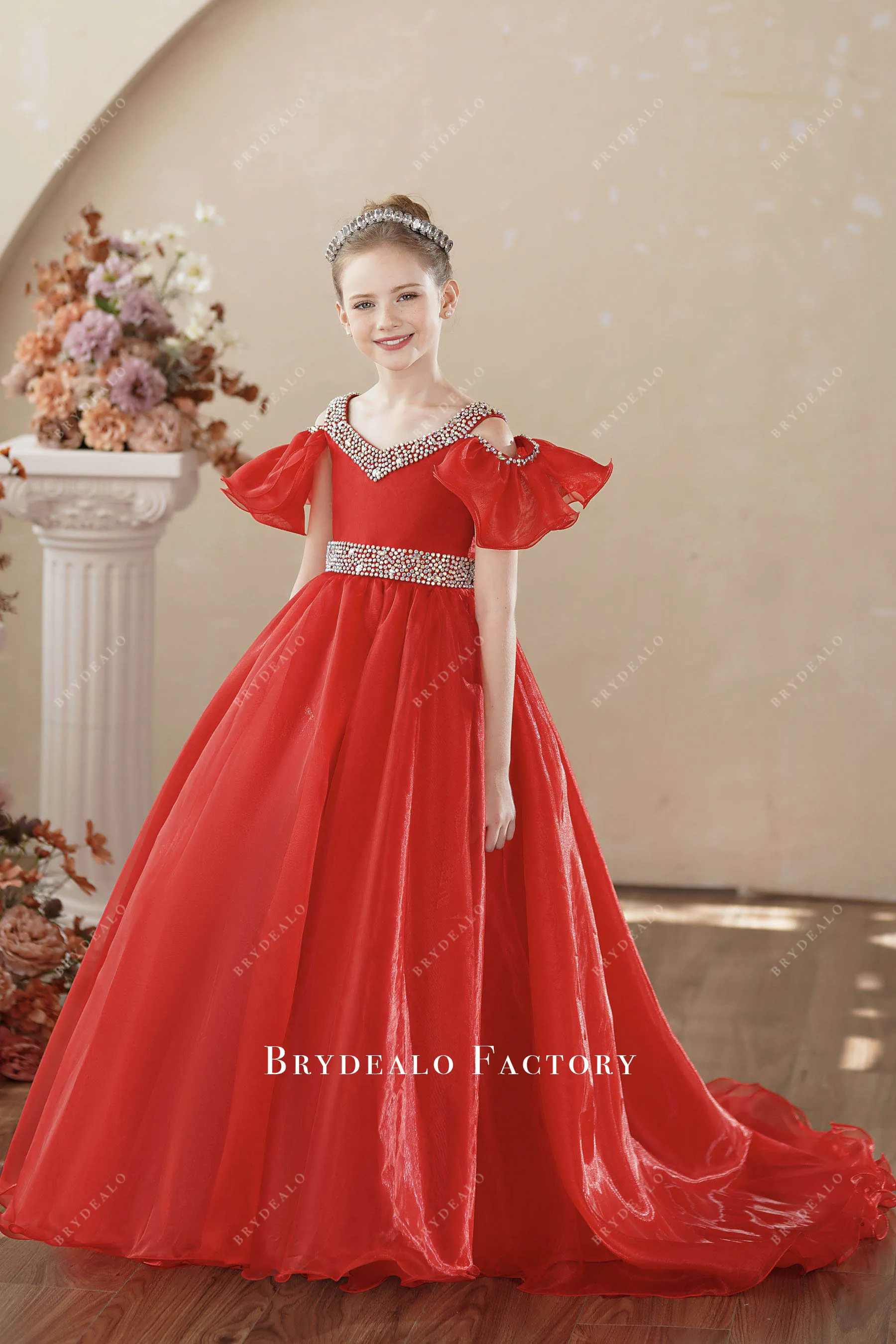 Red Organza Off Shoulder Rhinestones Children Pageant Dress