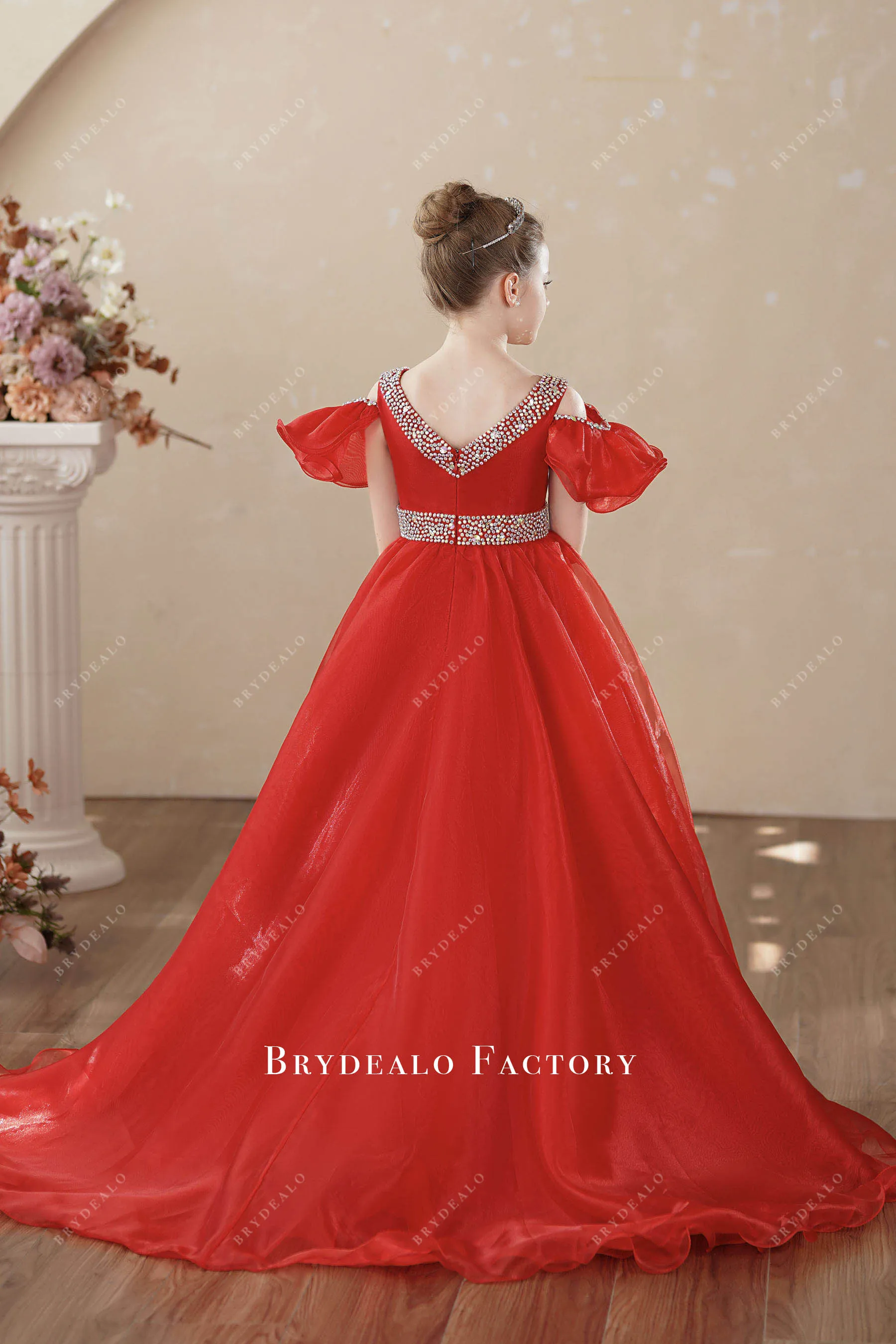 Red Organza Off Shoulder Rhinestones Children Pageant Dress