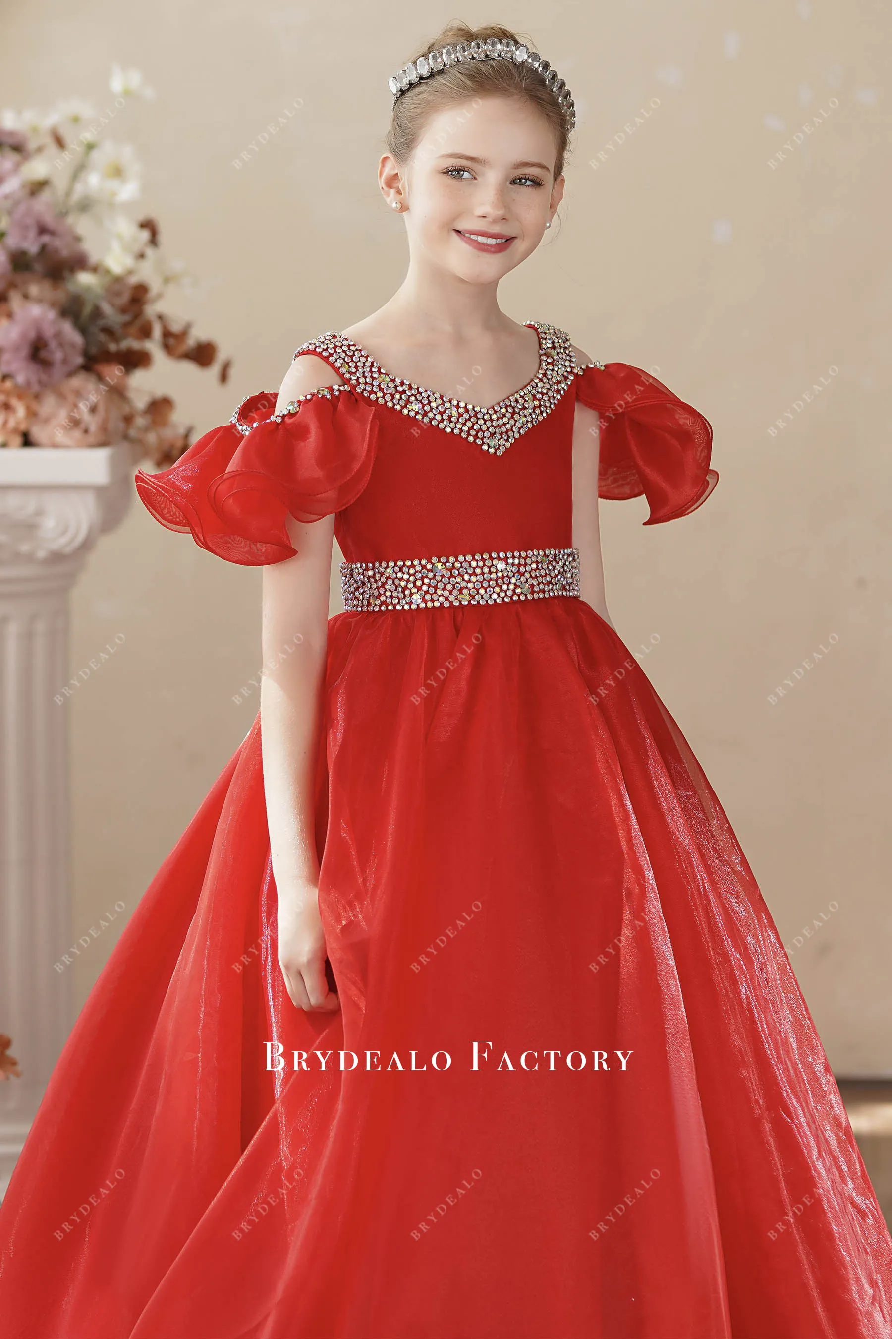 Red Organza Off Shoulder Rhinestones Children Pageant Dress