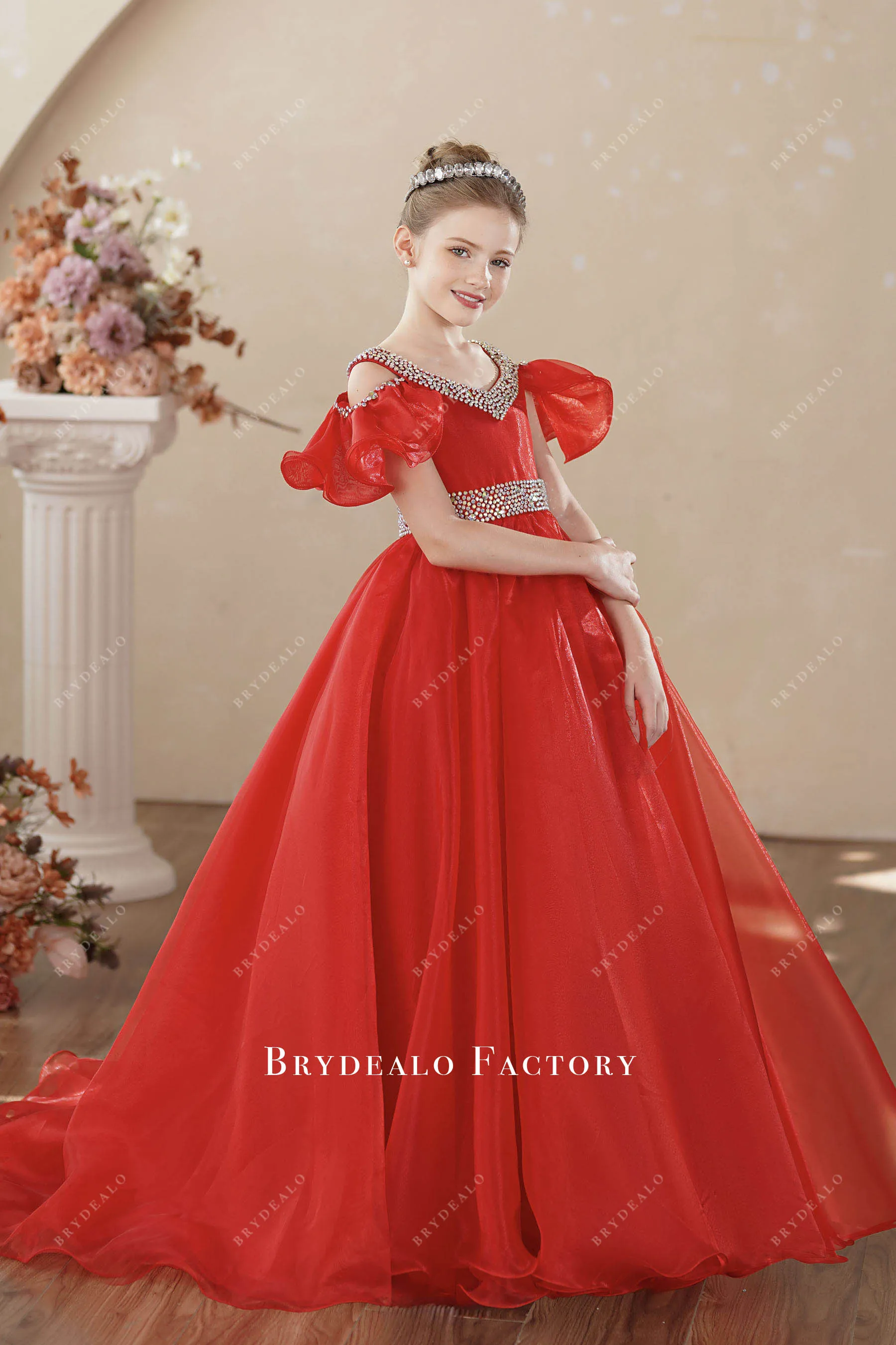 Red Organza Off Shoulder Rhinestones Children Pageant Dress