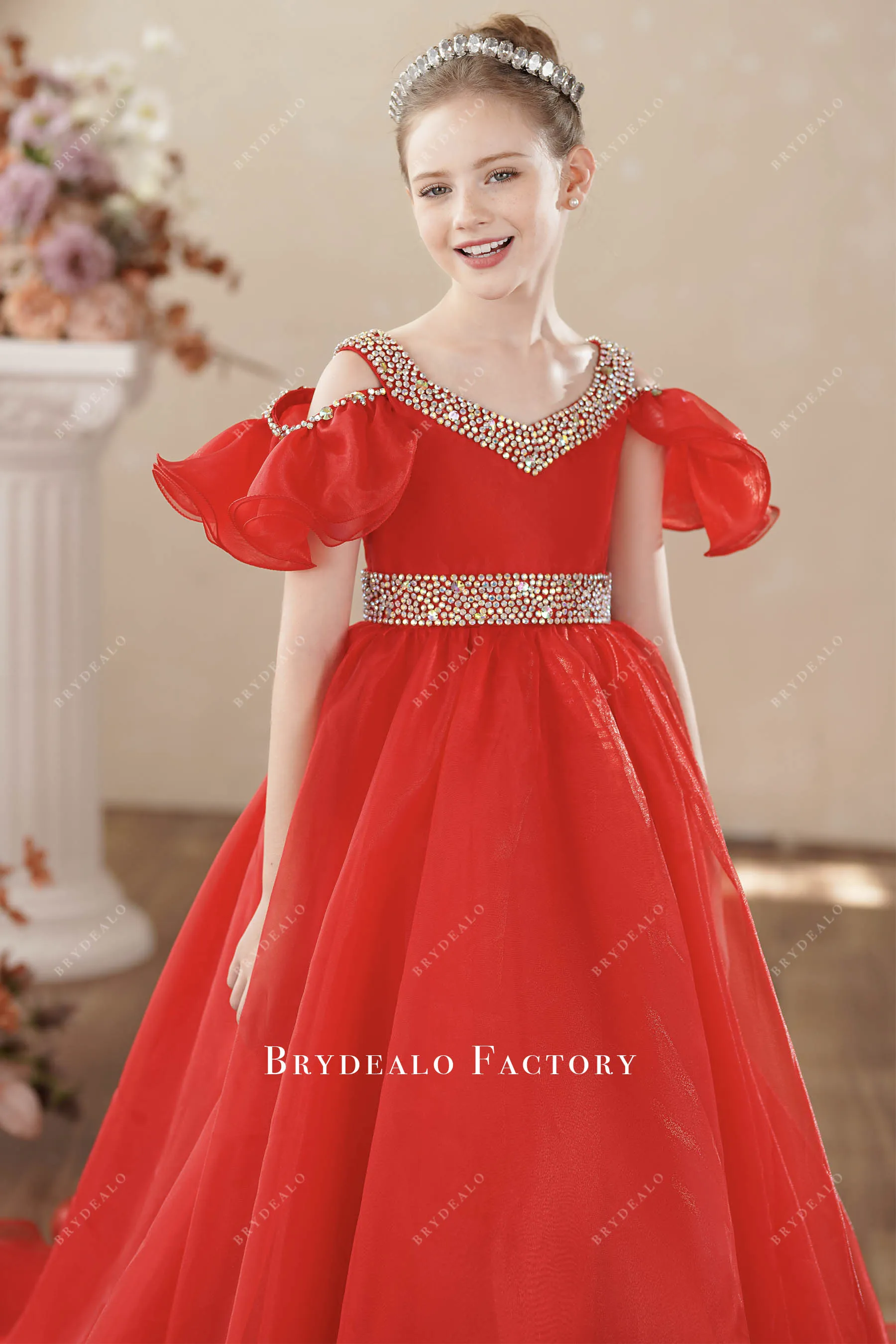 Red Organza Off Shoulder Rhinestones Children Pageant Dress