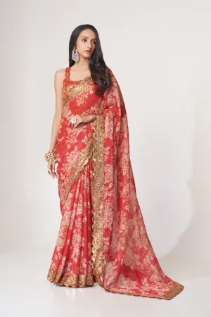 Red Organza Saree with Sequin Embroidery and Digital Print