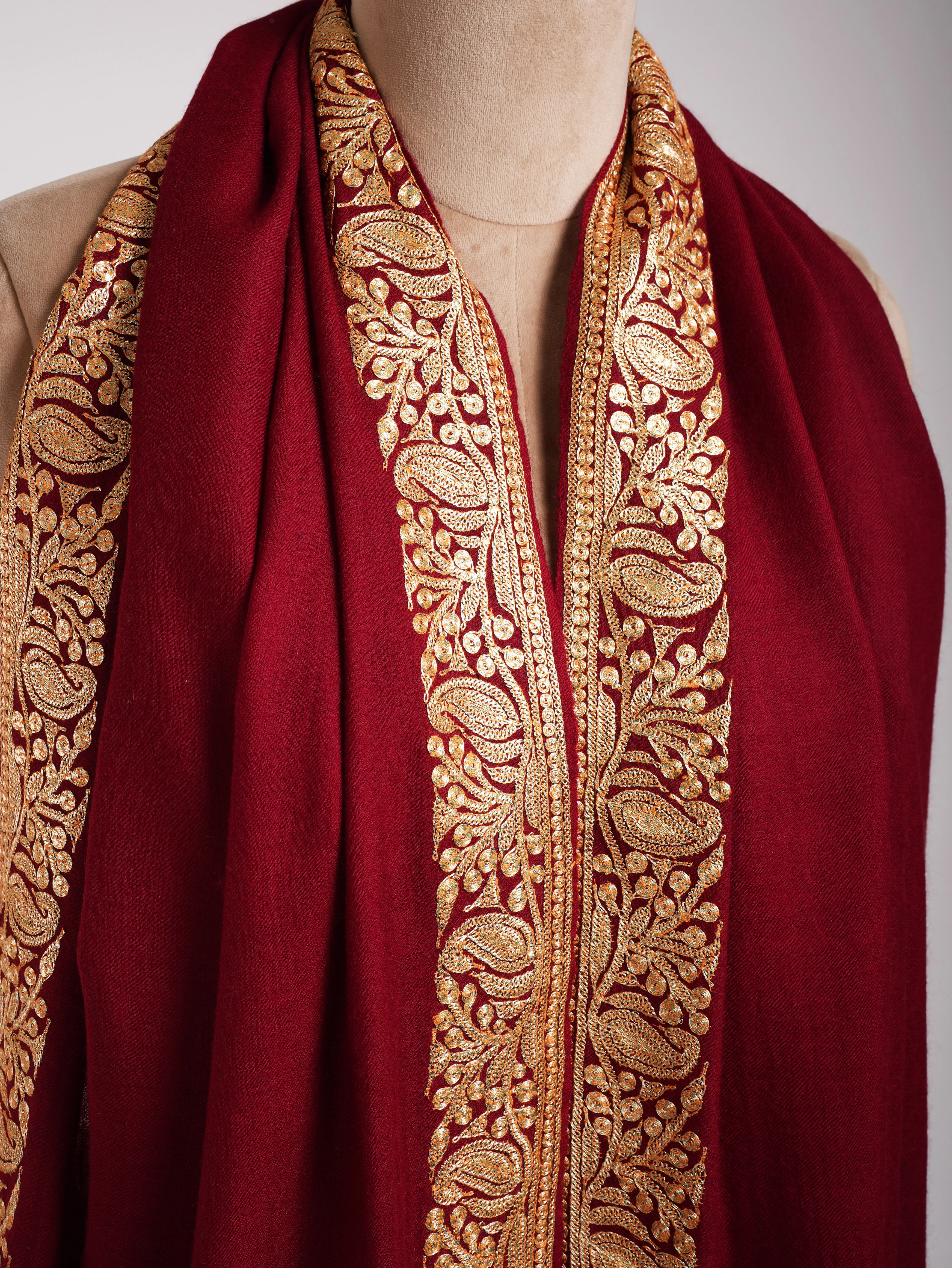 Red Pashmina Shawl with Kashmir Tilla Work