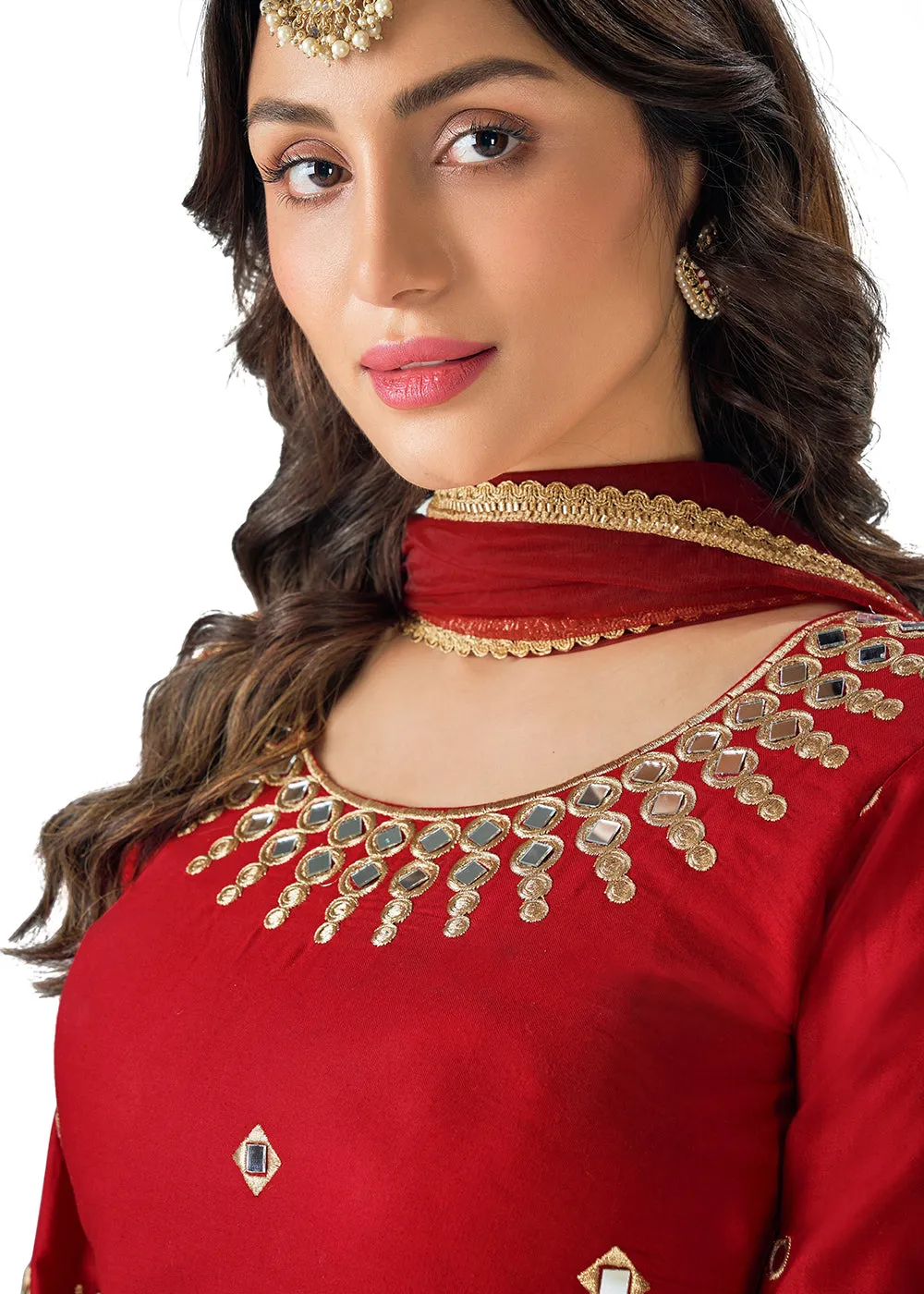 Red Patiala Style Silk Embroidered Punjabi Salwar Suit