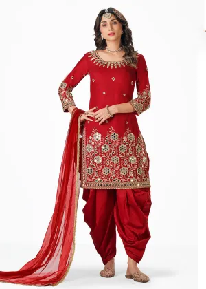 Red Patiala Style Silk Embroidered Punjabi Salwar Suit