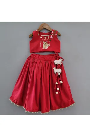 Red Pichwai Embroidered Top With Lehenga Set