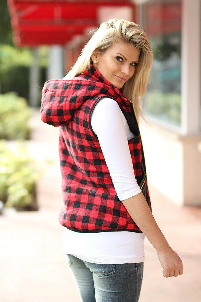 Red Plaid Hooded Vest