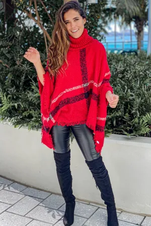 Red Plaid Turtleneck Poncho