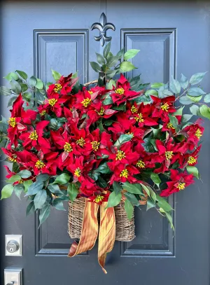 Red Poinsettia Christmas Basket Wreath