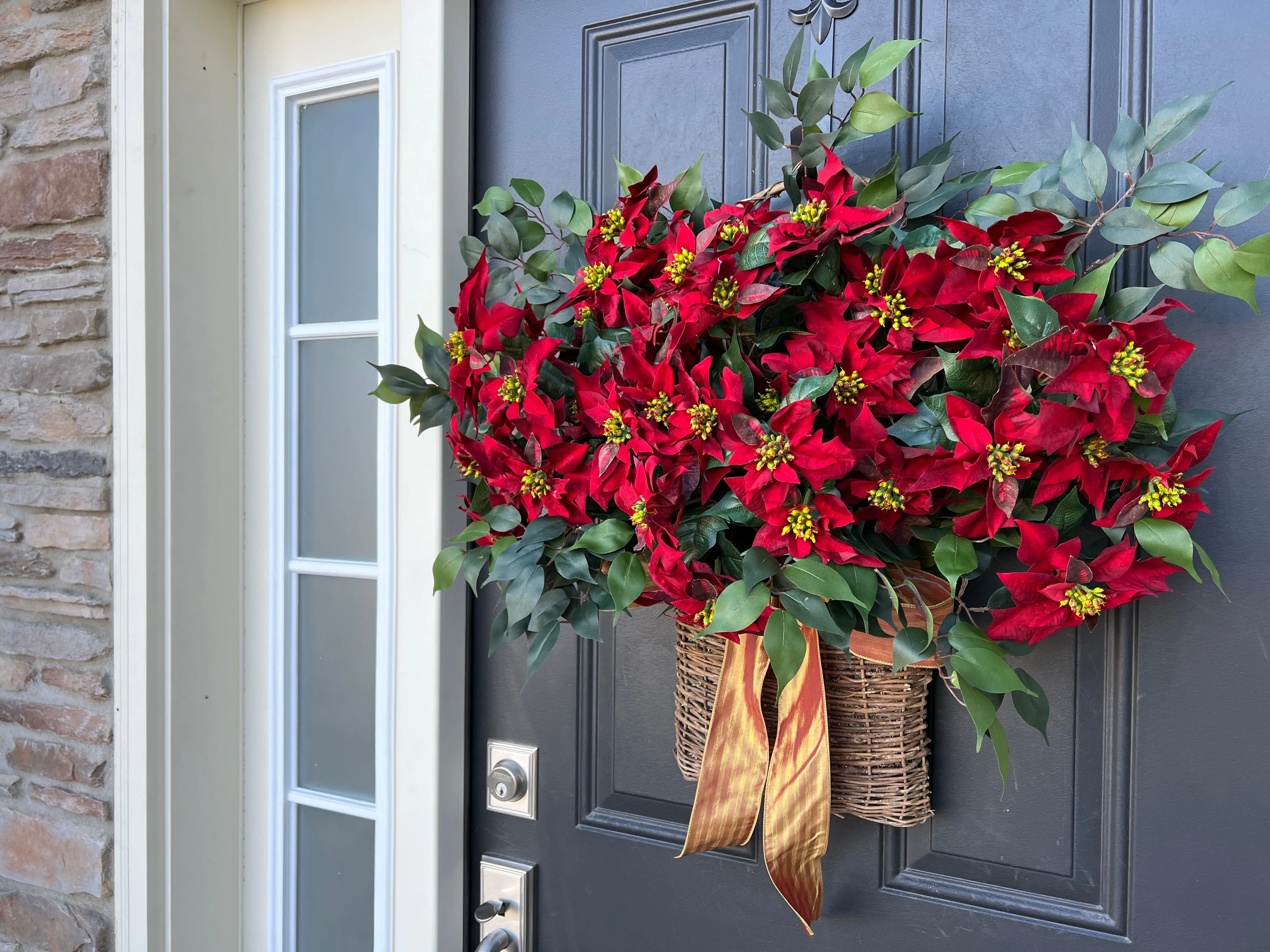 Red Poinsettia Christmas Basket Wreath