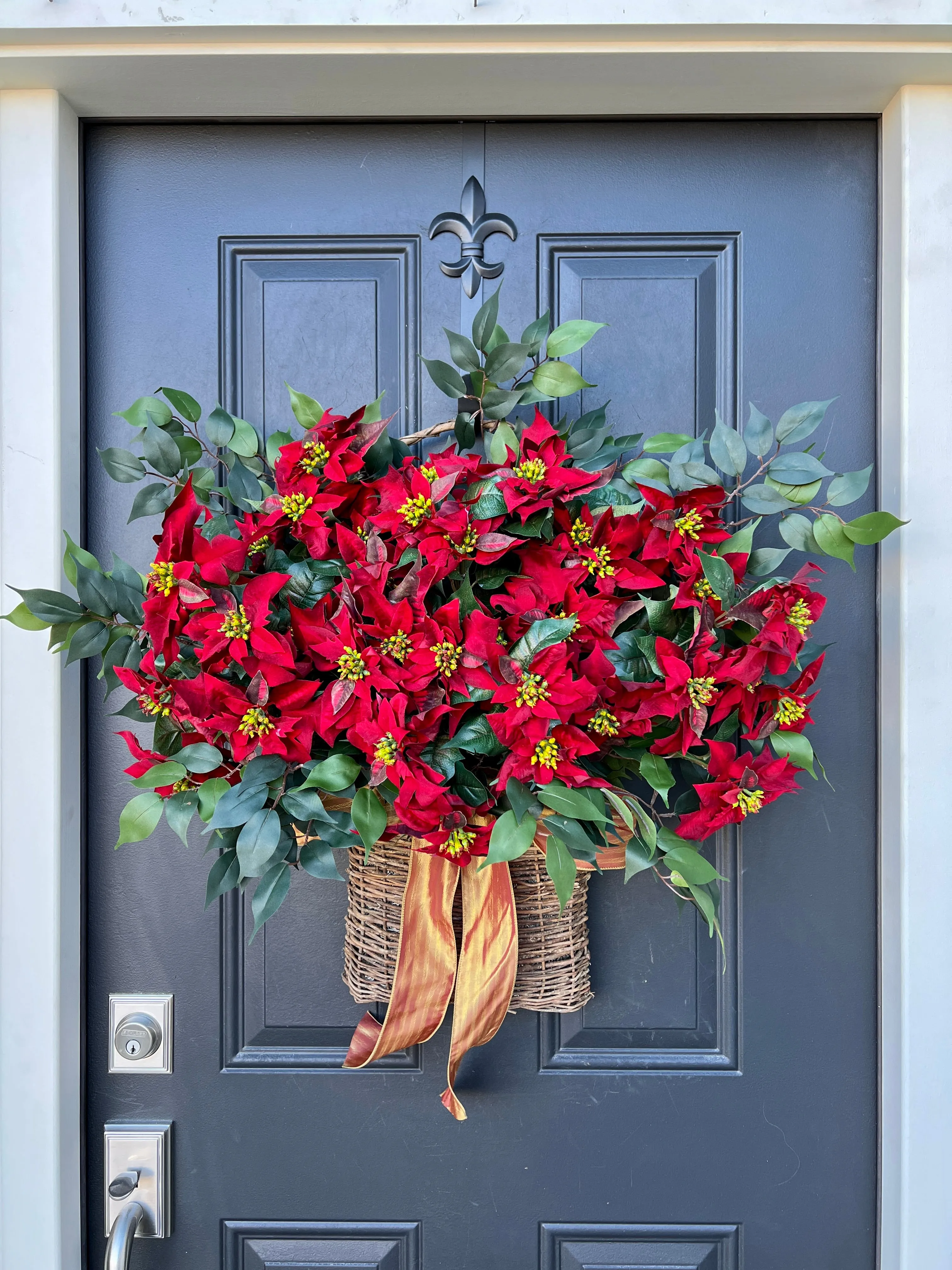 Red Poinsettia Christmas Basket Wreath