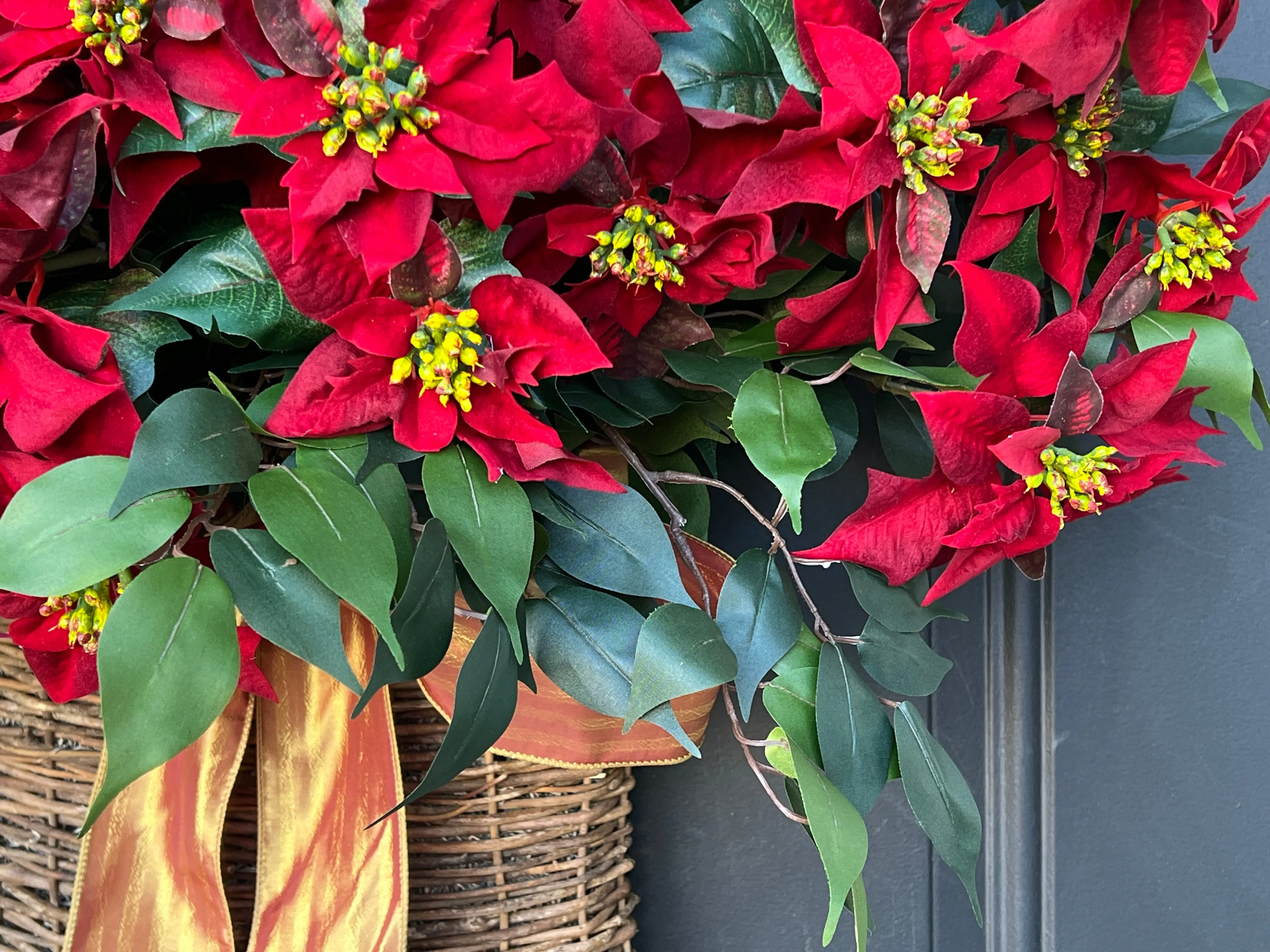 Red Poinsettia Christmas Basket Wreath