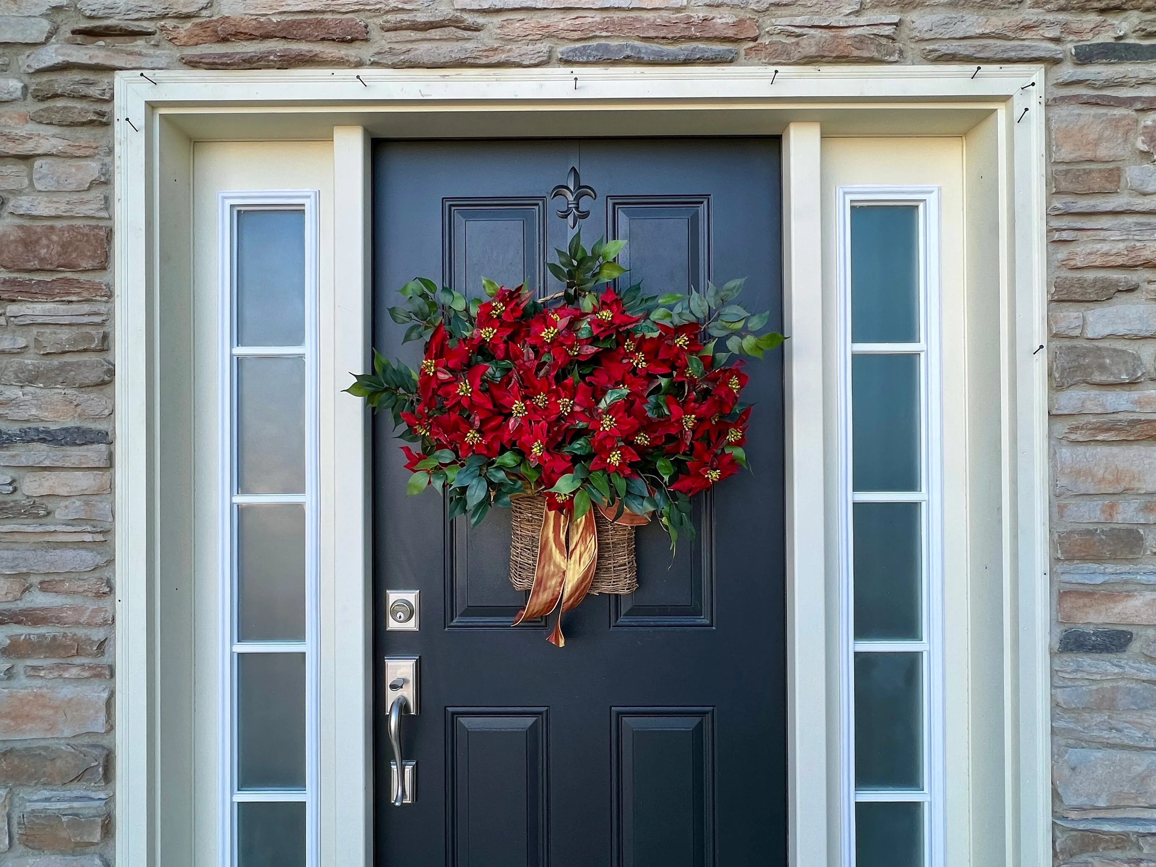 Red Poinsettia Christmas Basket Wreath