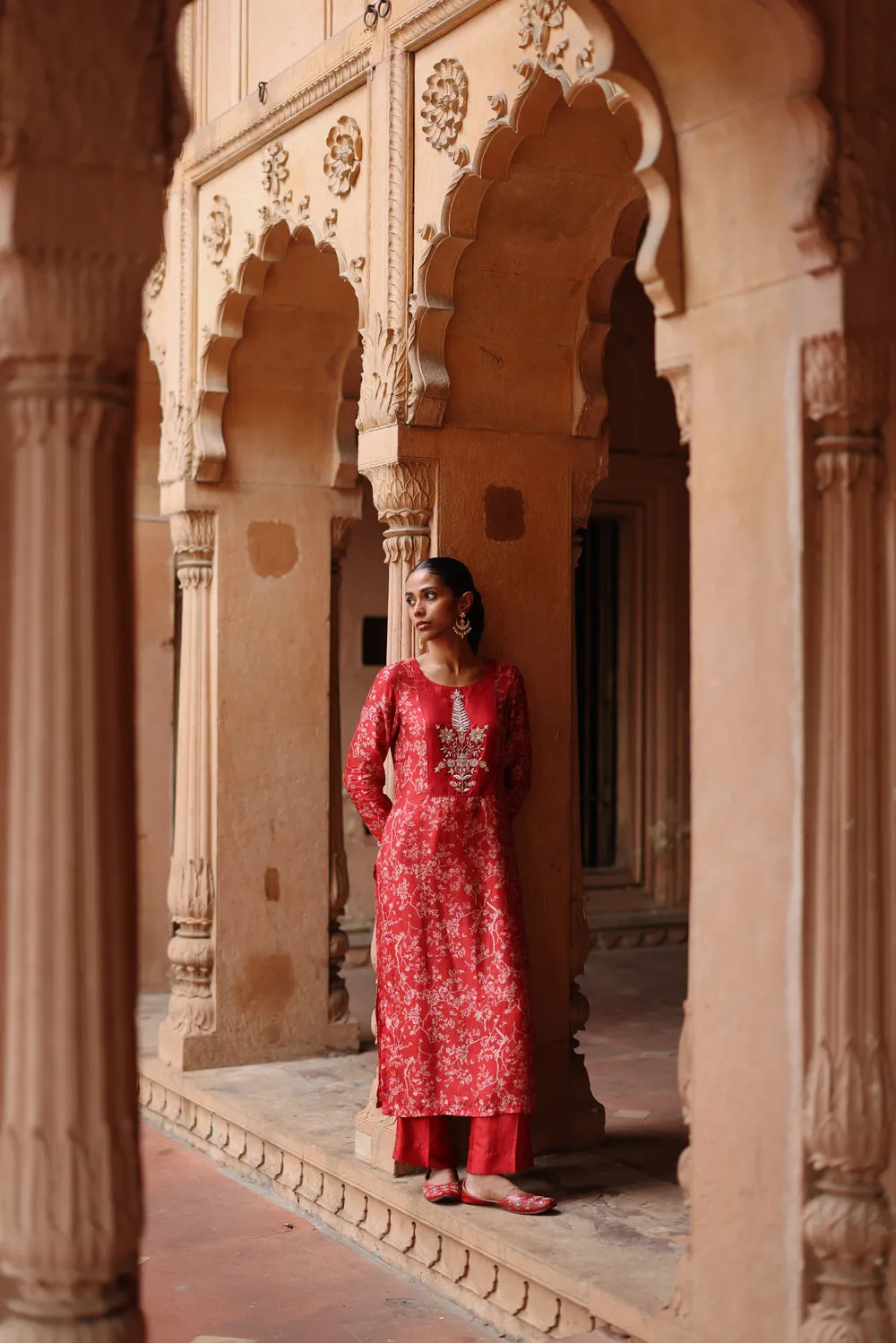 Red Printed And Hand Embroidered Kurta Set