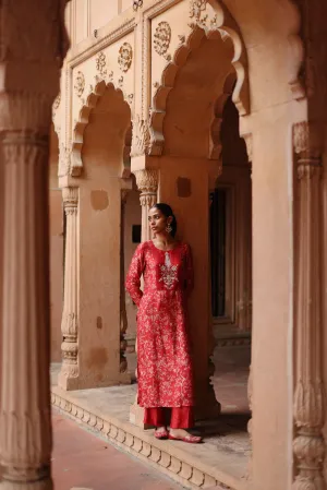 Red Printed And Hand Embroidered Kurta Set