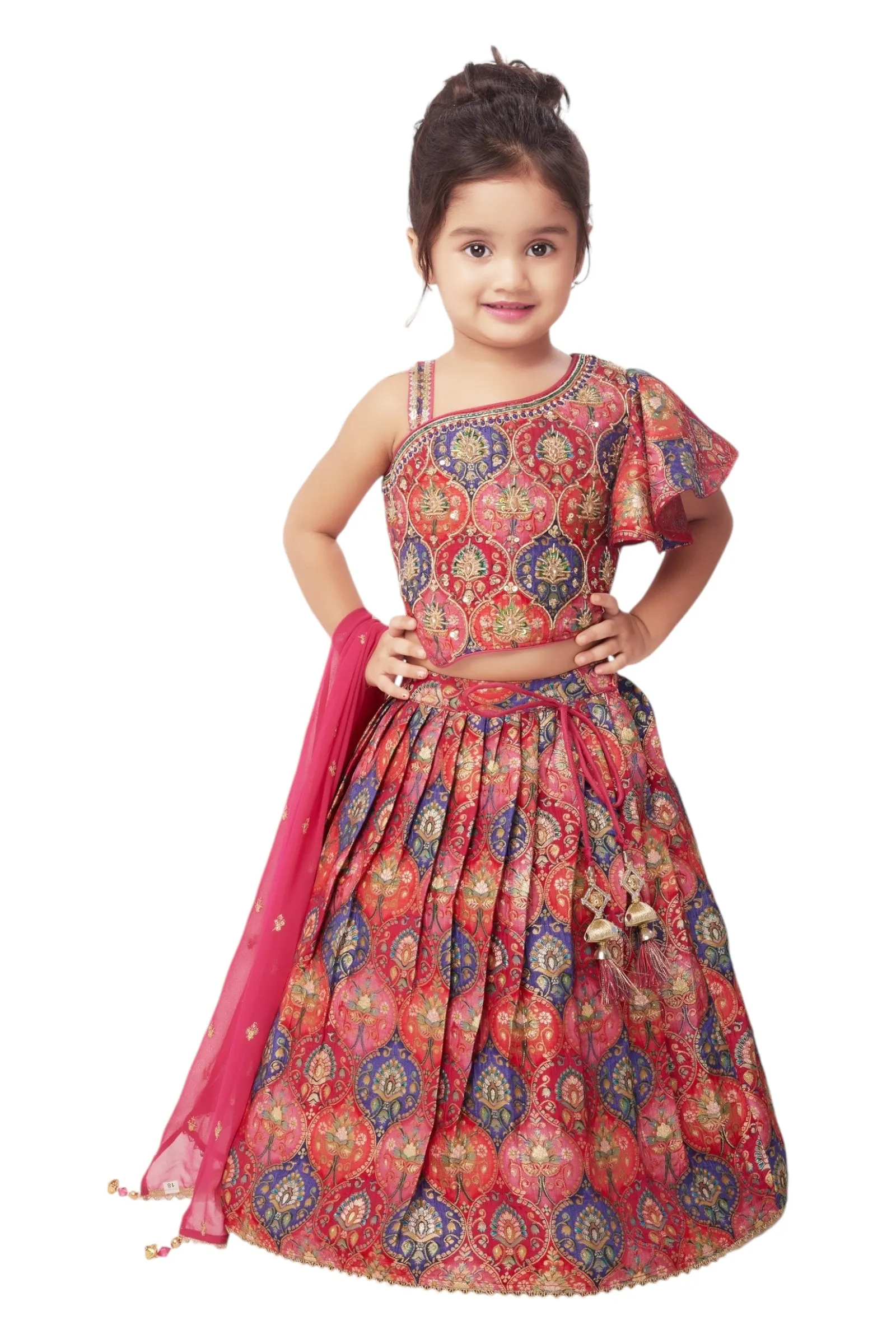 Red printed kidswear lehenga set