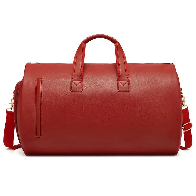 Red PU Leather Travel Duffel Bag - Large Capacity Waterproof Suit Bag with Shoe Compartment