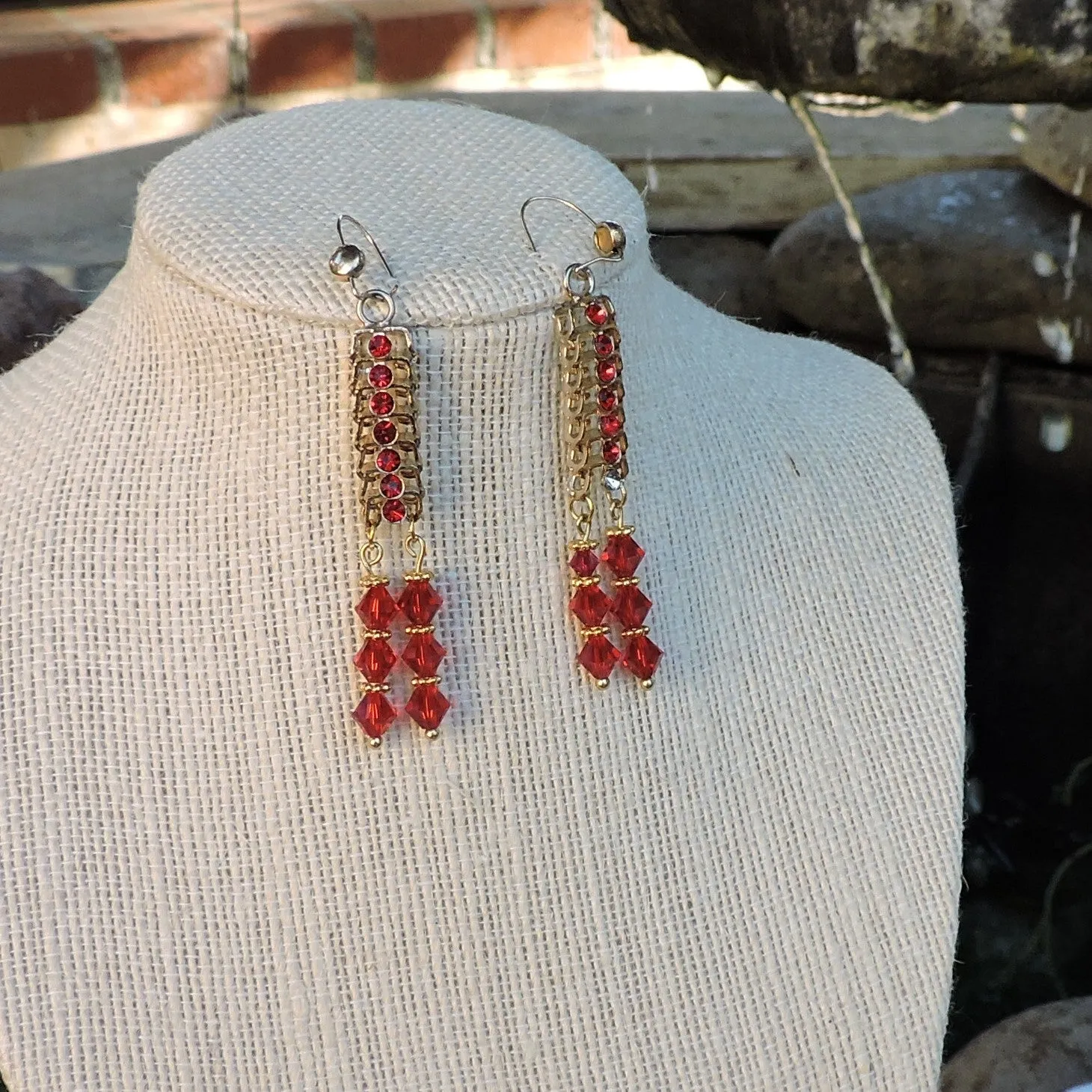 Red Rhinestone and Swarovski Crystal and Gold Dangle Earrings