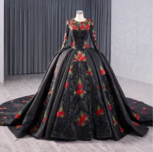 Red Rose Black Quinceañera Ball Gown Dress