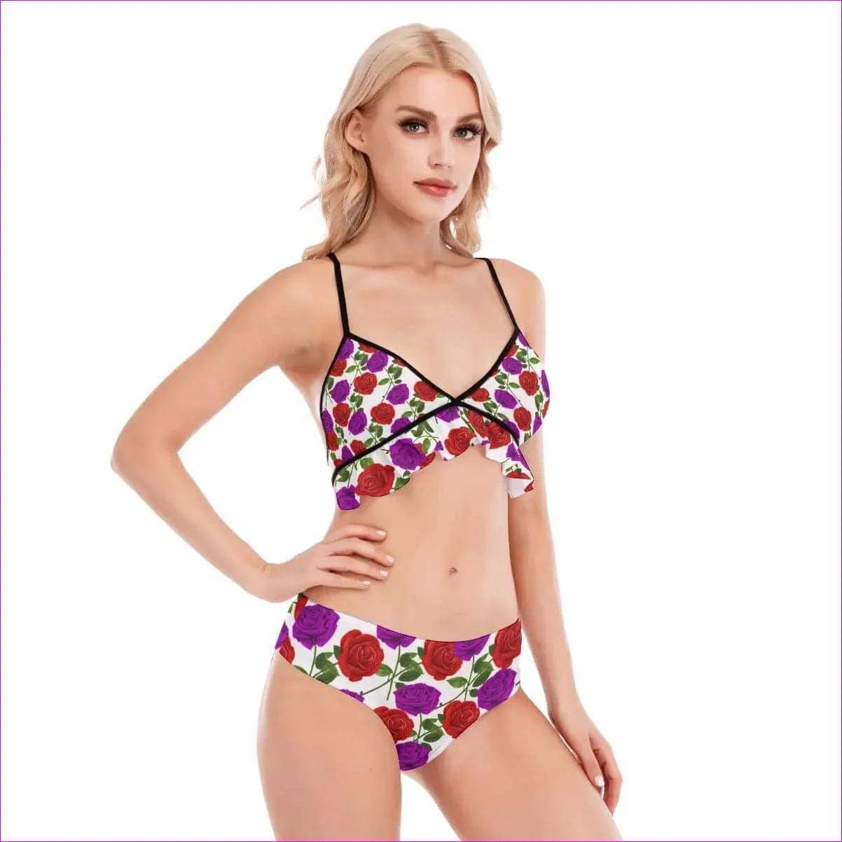 Red Rose Purp Women's Bikini Swimsuit With Ruffle Hem