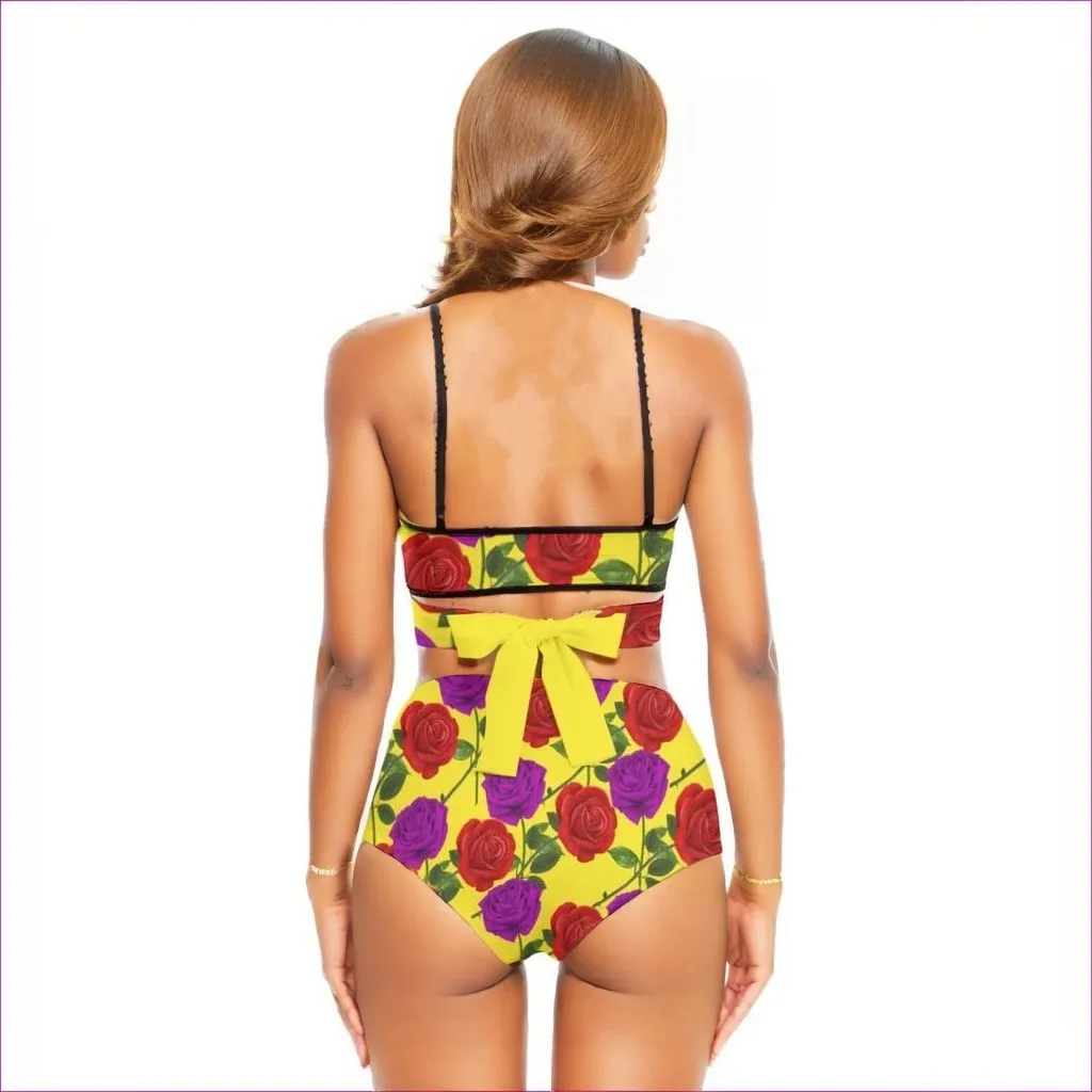 Red Rose Purp Yellow Women's Bikini Sets With Cross Straps