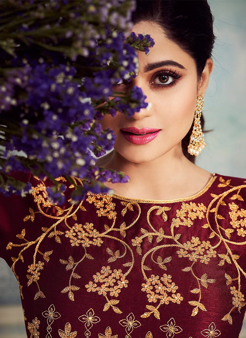 Red Rouge Golden Embroidered Silk Anarkali Suit