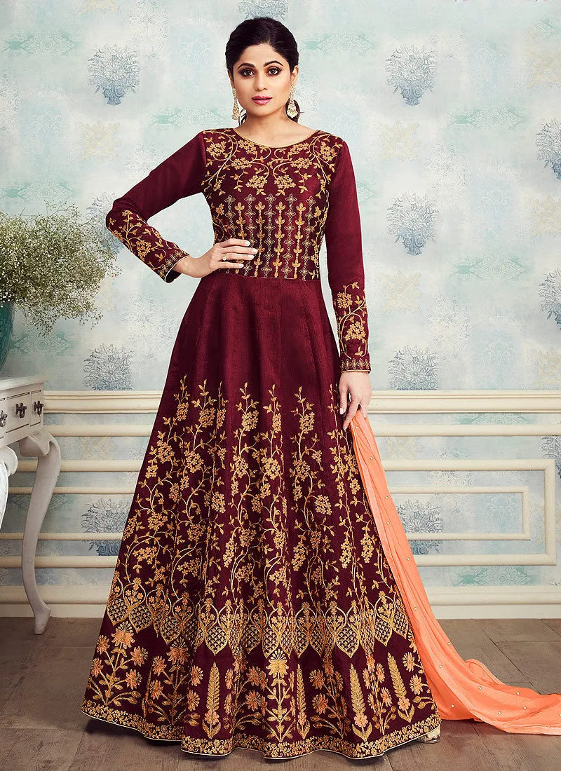 Red Rouge Golden Embroidered Silk Anarkali Suit