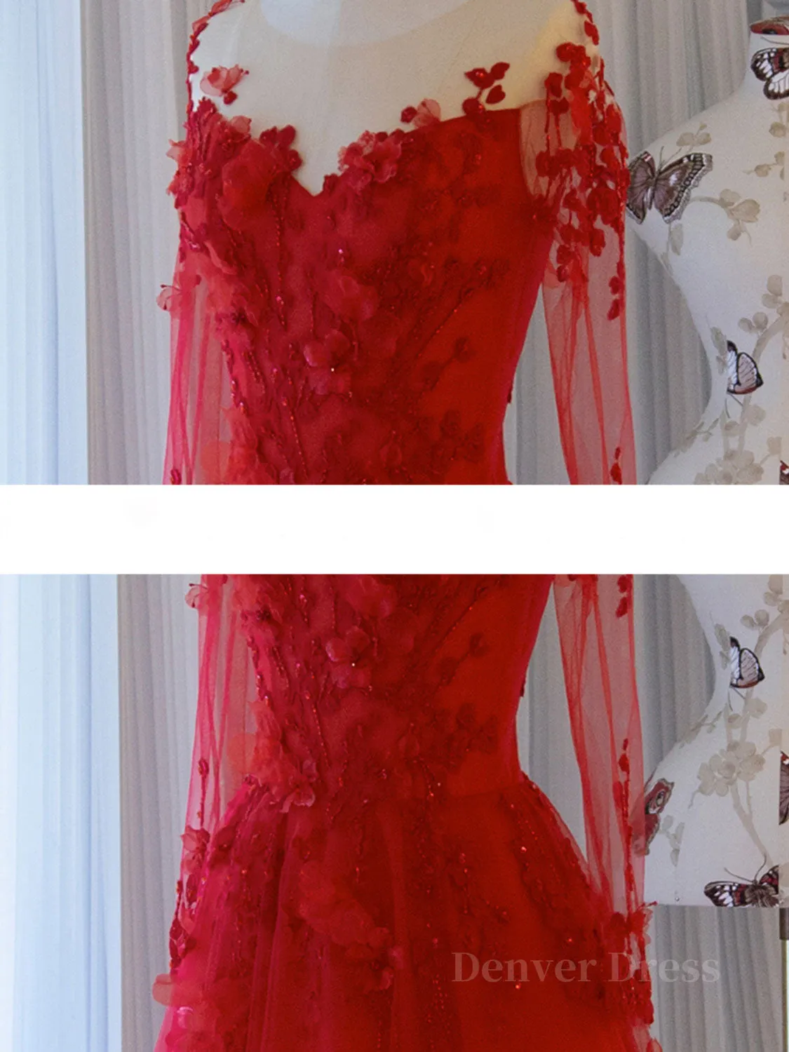 Red round neck tulle lace long prom dress red evening dress