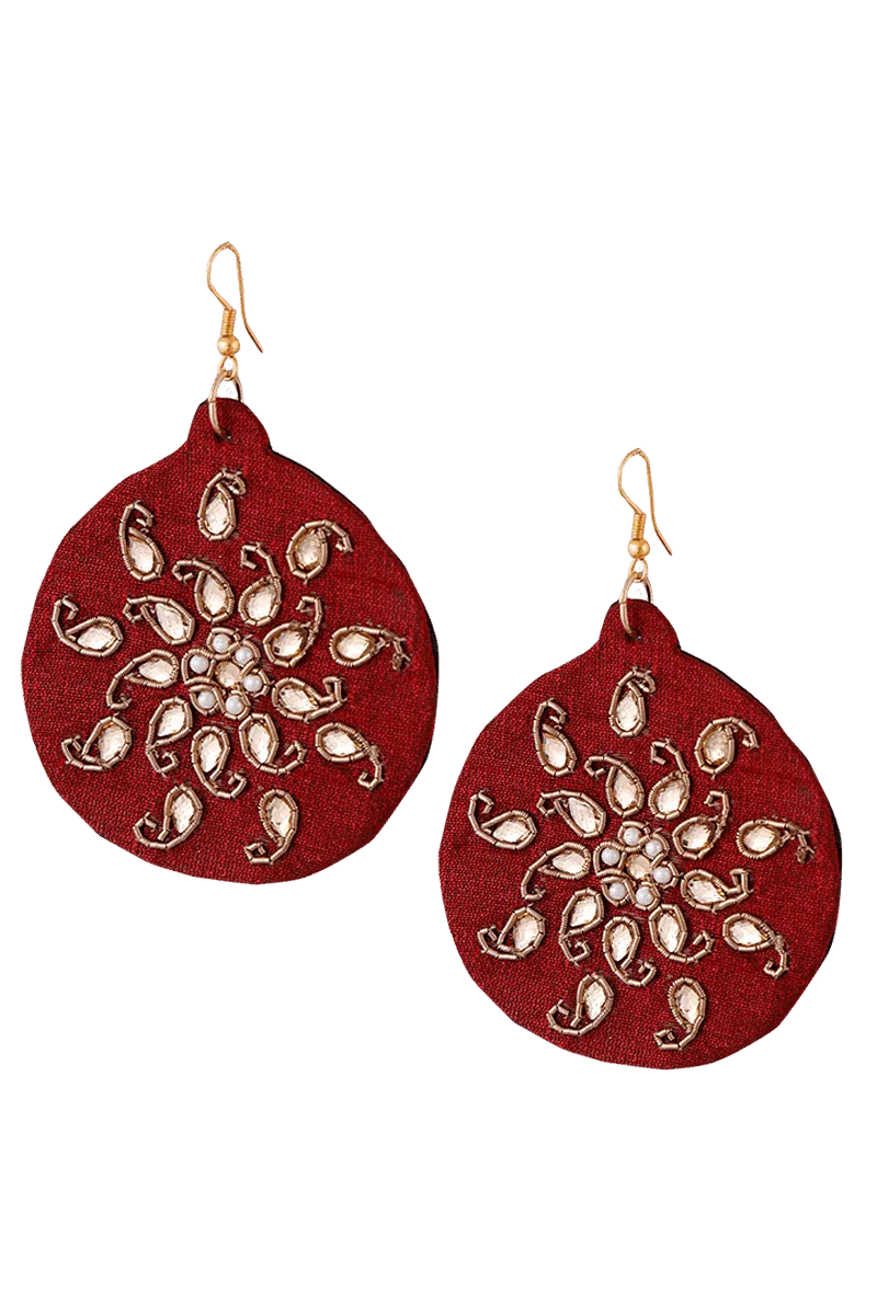 Red Round Zardozi Embroidered Raw Silk Earrings