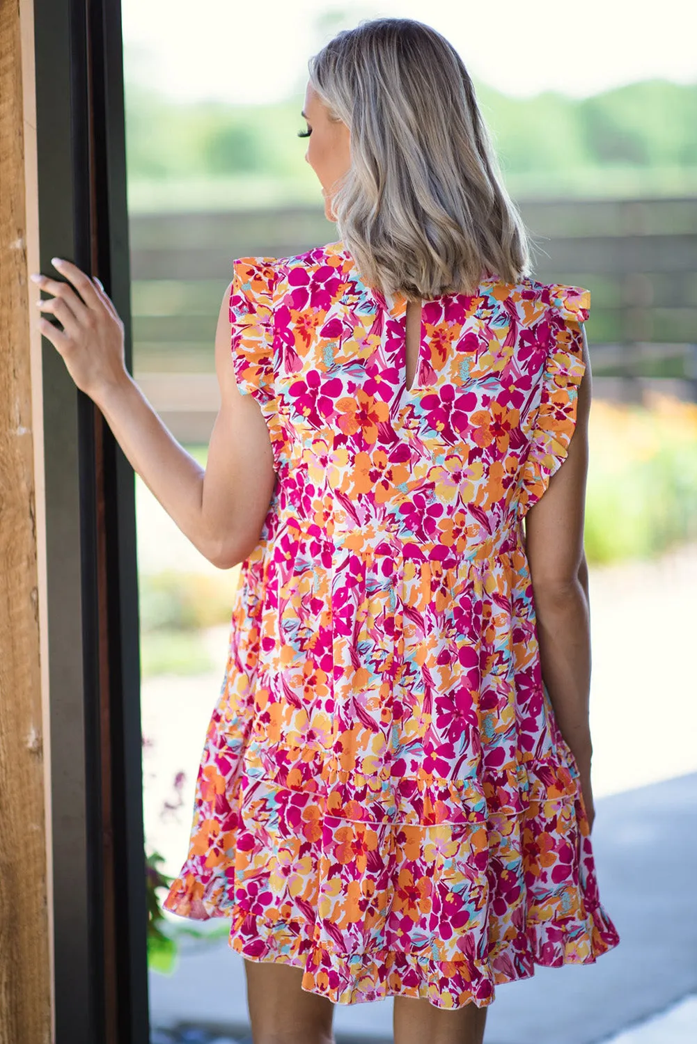 Red Ruffle Trim Tiered Sleeveless Floral Short Dress