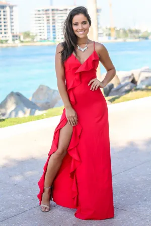 Red Ruffled Maxi Dress with Lace Up Back