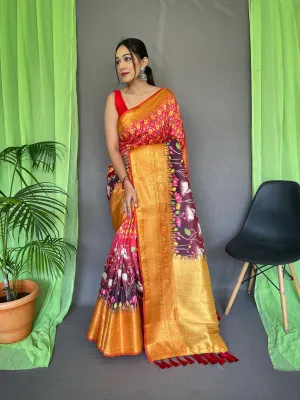 Red Saree in Kalamkari Print