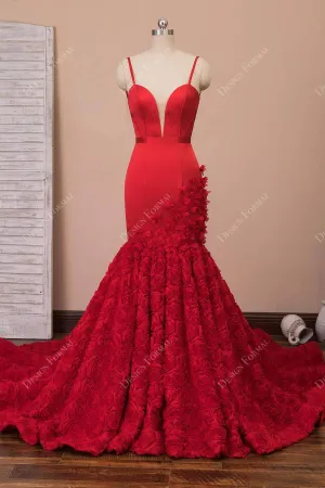 Red Satin 3D Rosettes Spaghetti Straps Dramatic Mermaid Prom Dress