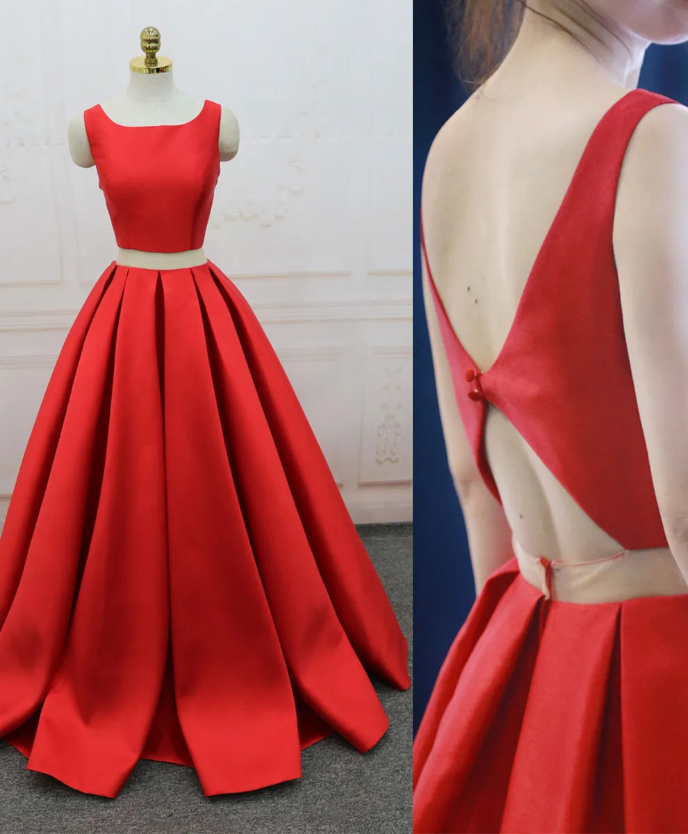 Red Satin Two Pieces Long Prom Dress Red Long Evening Dress