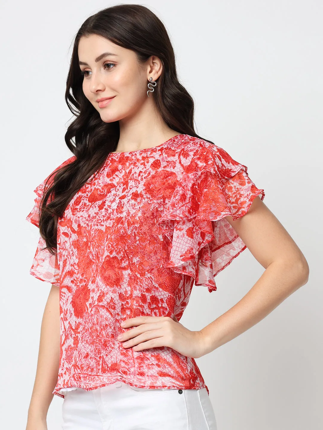 Red Self-Design Georgette Top