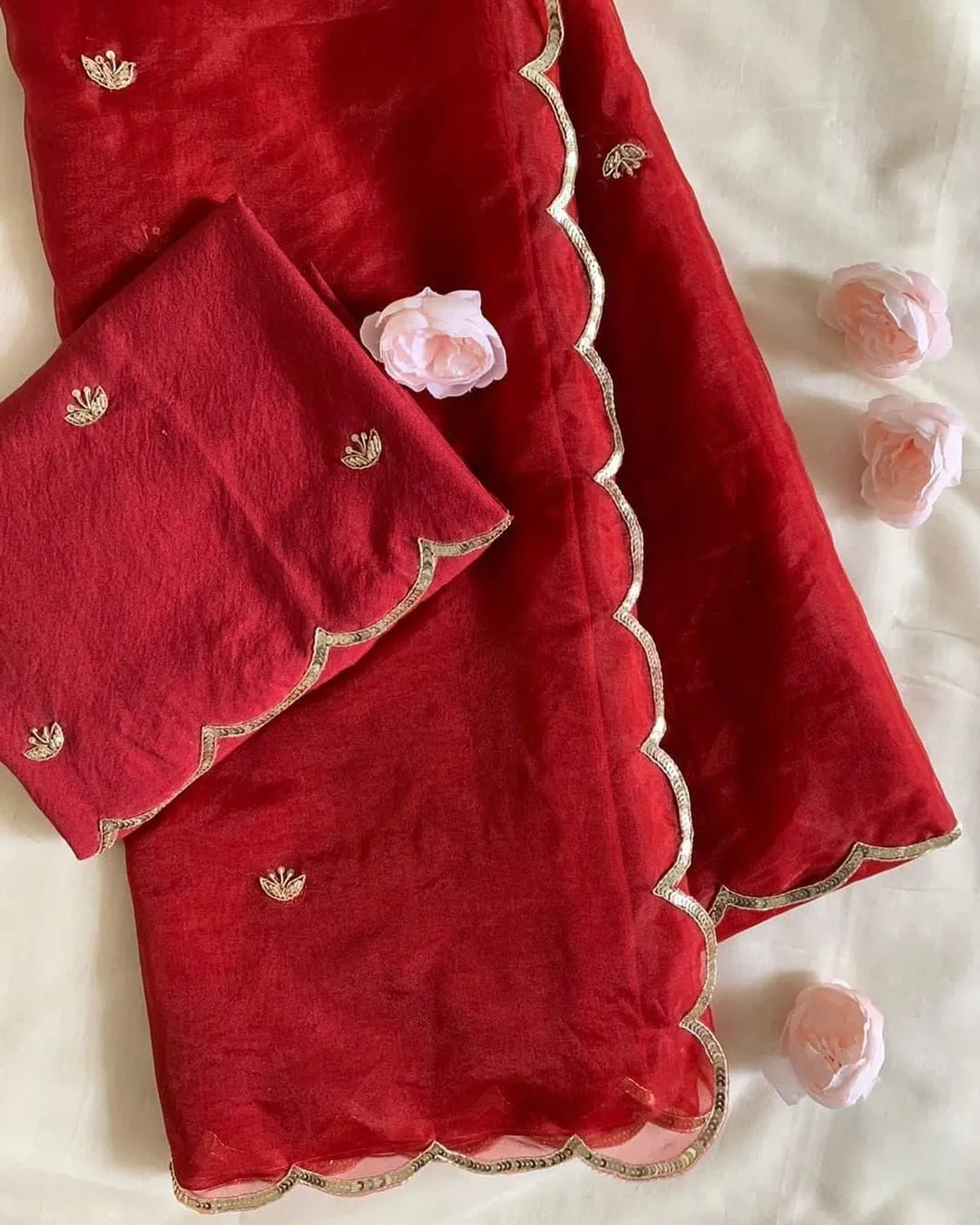 Red Semi-Pure Organza Saree with Exquisite Handwork – Paired with Silk Blouse Featuring Handwork