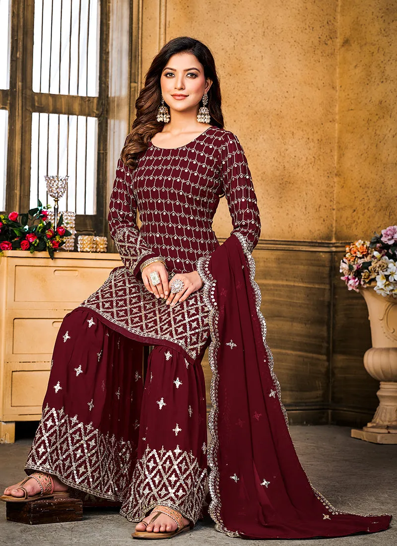 Red Sequence Embroidery Wedding Gharara Style Suit