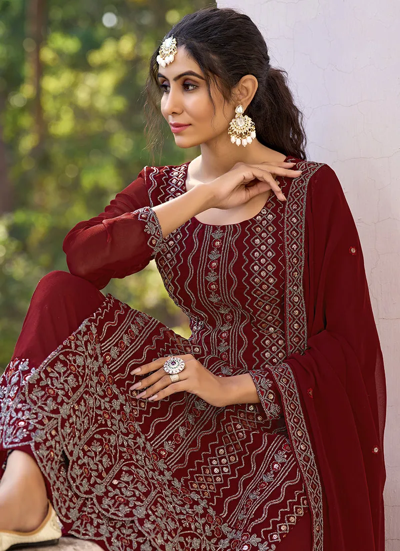 Red Sequence Embroidery Wedding Palazzo Suit