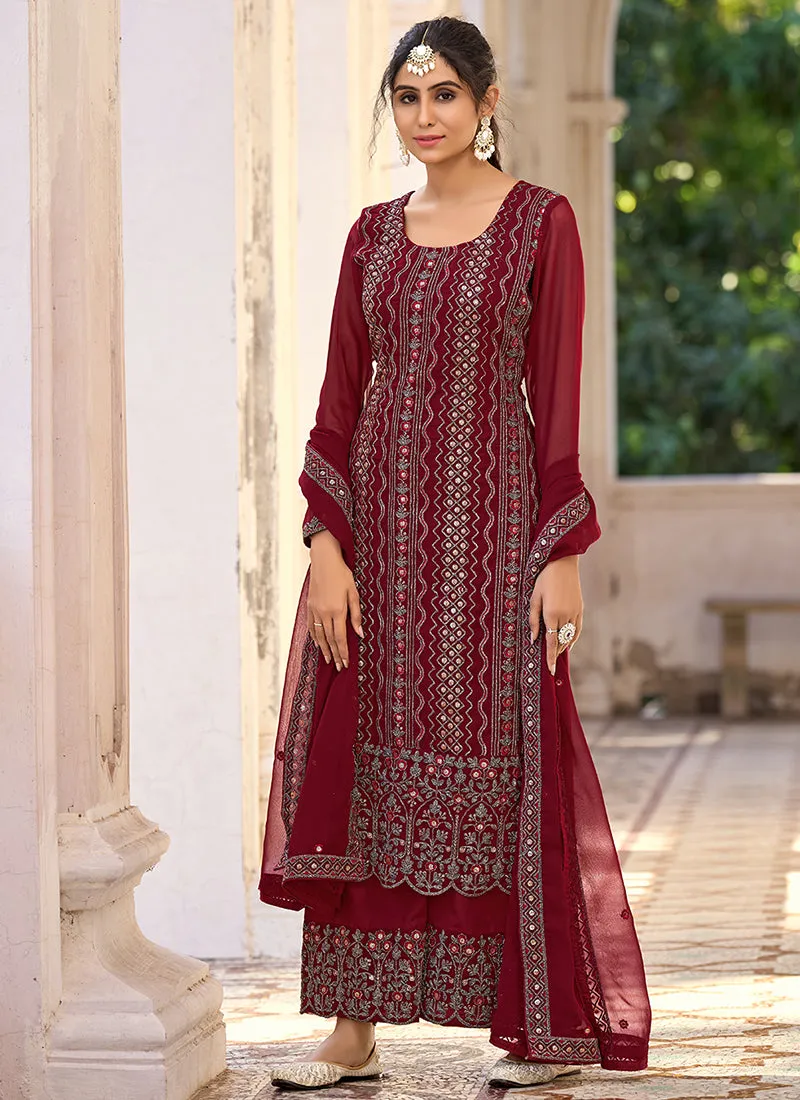 Red Sequence Embroidery Wedding Palazzo Suit