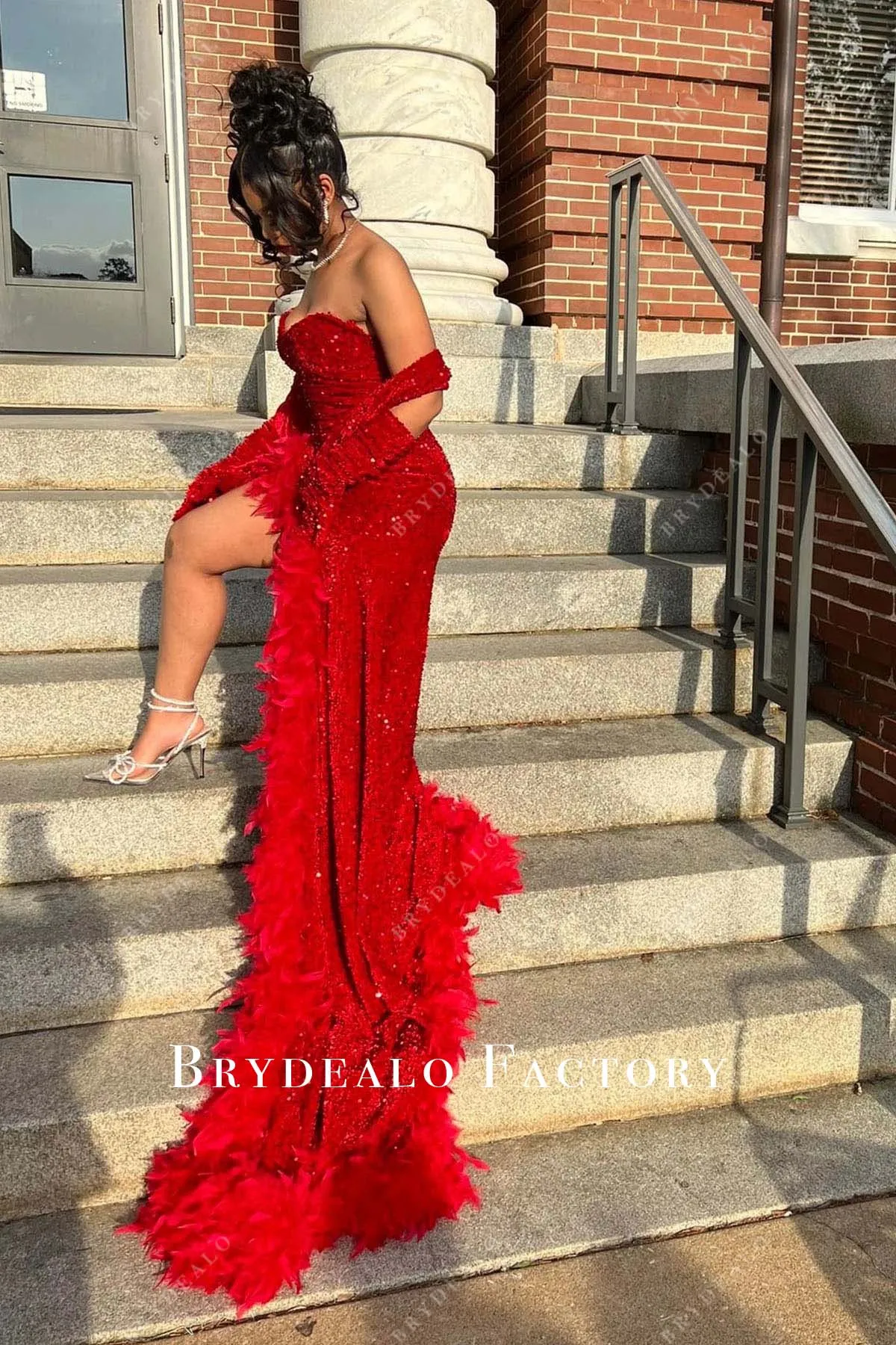 Red Sequin Feather Strapless Slit Long Train Prom Dress