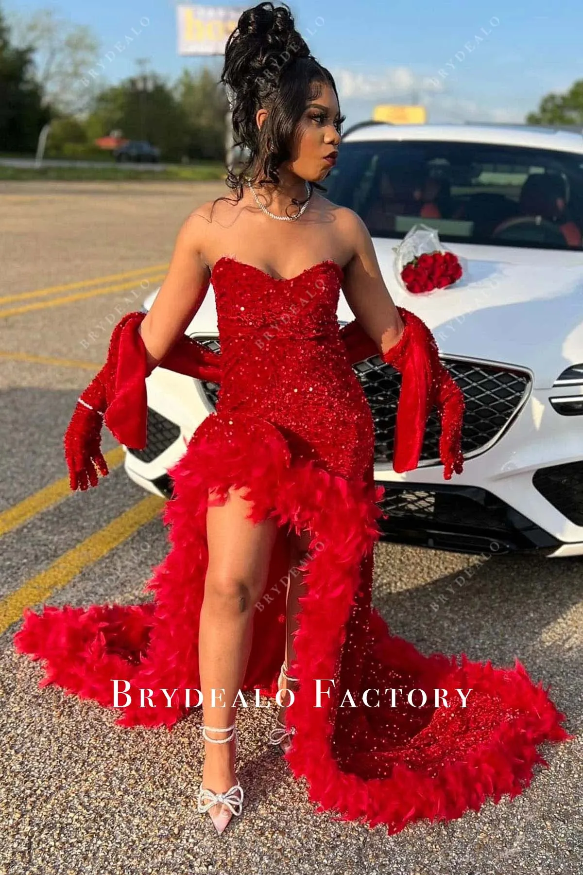 Red Sequin Feather Strapless Slit Long Train Prom Dress