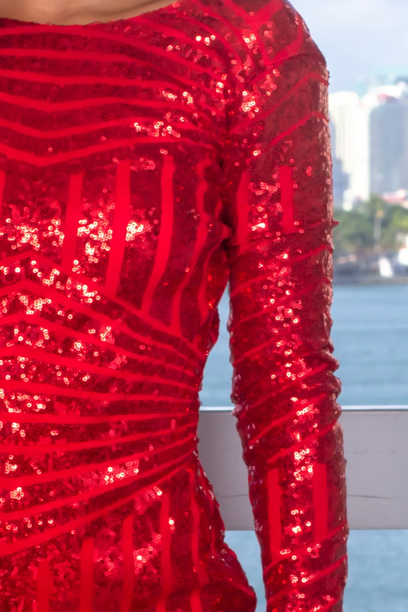 Red Sequin High Low Dress with Open Back