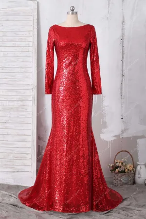 Red Sequin Long Sleeve Elegant Boat Neck Plus Size Simple Formal Dress