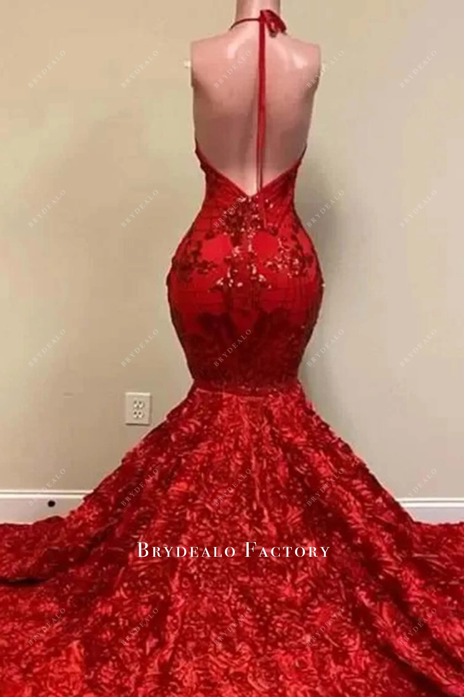 Red Sequin Plunge Halter Neck Trumpet Long Train 3D Rose Prom Dress