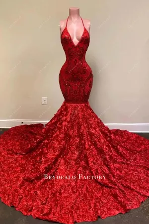 Red Sequin Plunge Halter Neck Trumpet Long Train 3D Rose Prom Dress