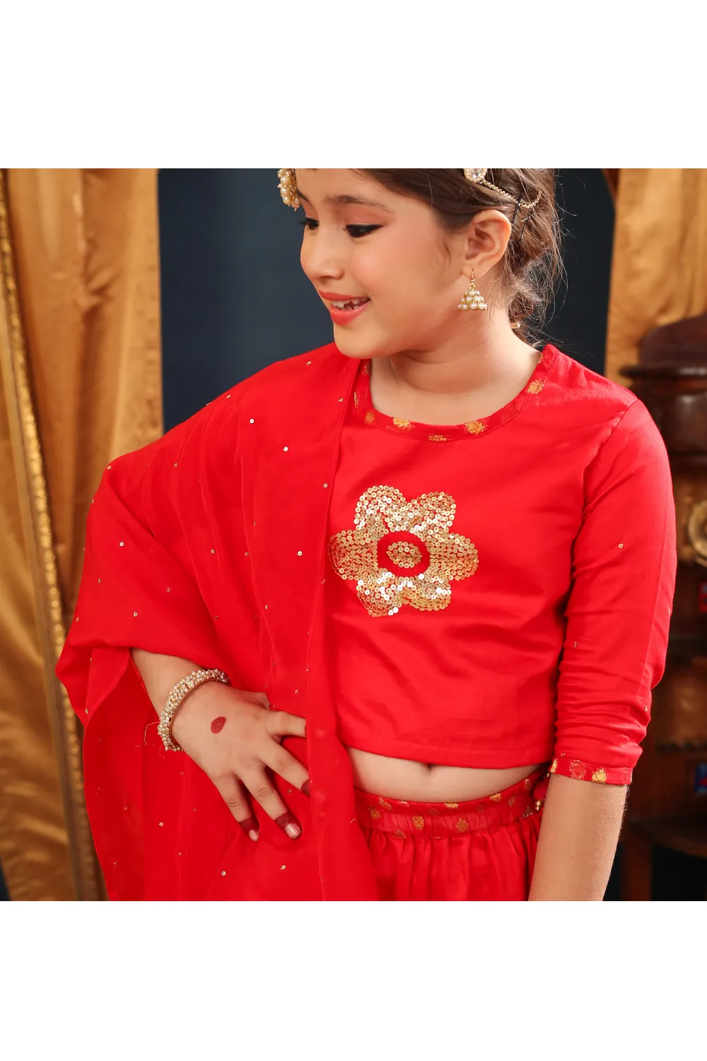 Red Sequined Flower Embroidered Top With Lehenga And Dupatta Set