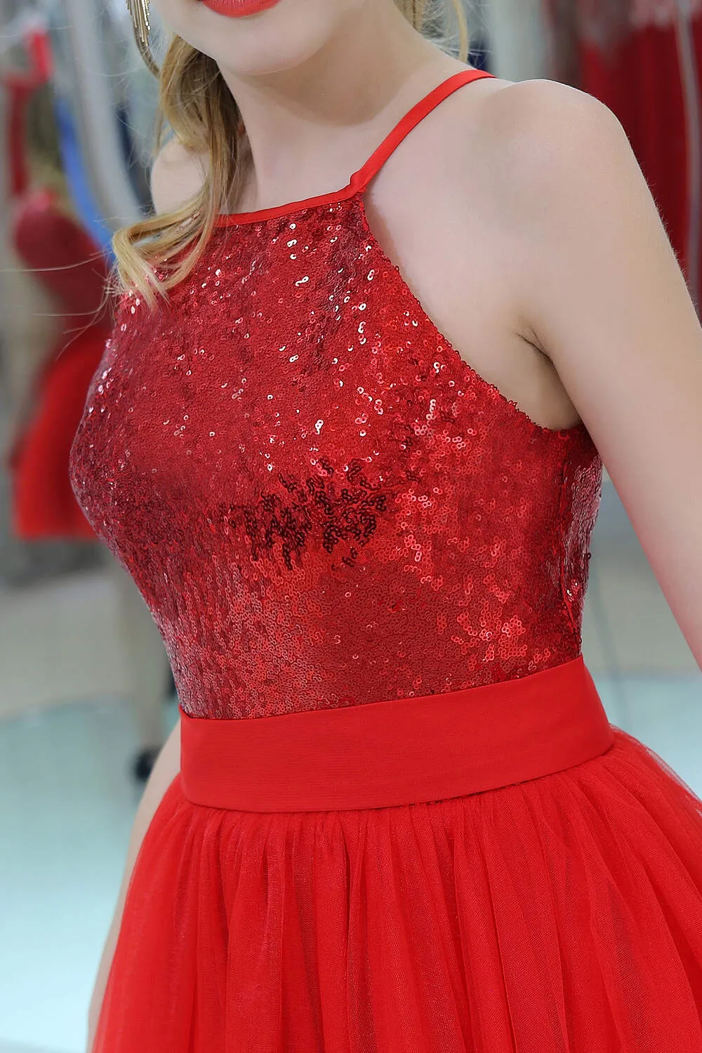 Red Sequined Tulle Strapless Homecoming Dresses